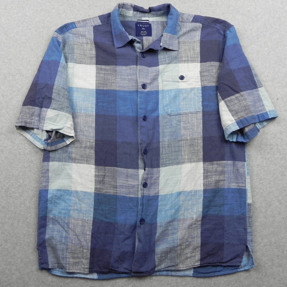 Trust Shirt Mens 2XL XXL Linen Blend Pocket Button Up Blue Plaid Short Sleeve